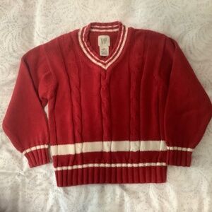 Varsity Red & White V-Neck Cable Knit Cotton Sweater Sz 3-4/XS